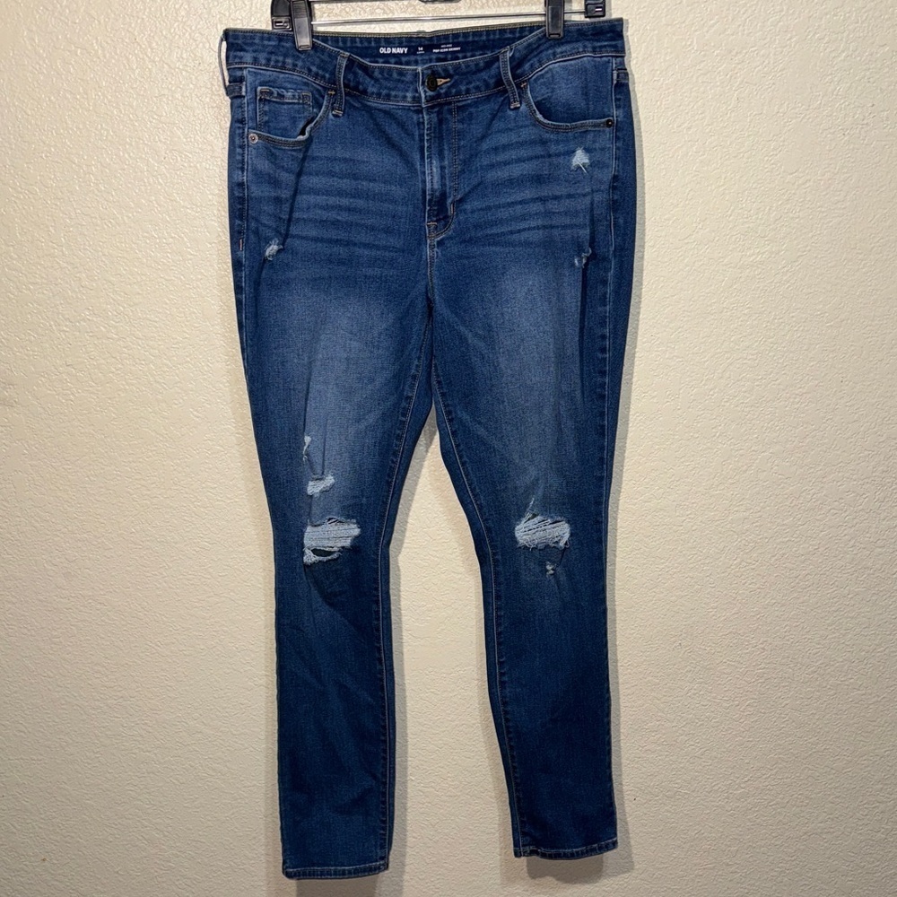 Old Navy Distressed Skinny Jeans Women’s 14 Long Dark Wash Stretch Denim
